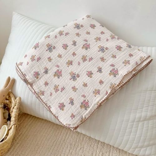 BuLuTu Muslin Cotton Baby Blanket, Tuberose Pattern Crib Blanket 47x51 Inch, Shabby Chic Pink Floral Nursery Blankets for Baby Infant Toddler Girls Boys, Super Soft Lightweight