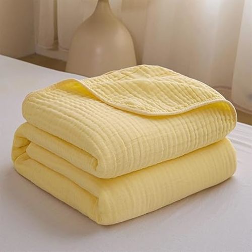 100% Cotton Muslin Throw Blanket for Bed - Knit Throw Blankets, All-Season Breathable and Lightweight Gauze Cotton Muslin Blanket,Yellow,45x60 inch
