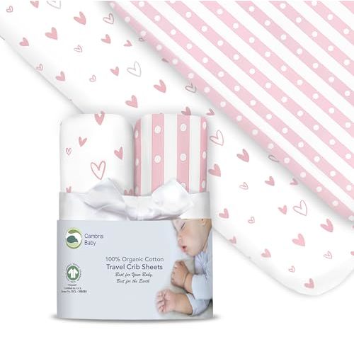 100% Organic Cotton Fitted Travel Crib Sheets, Perfectly Compatible with Guava Lotus, BabyBjorn, Dream On Me and All mattresses 22-26" Wide by 40-44" Long. Strap Holes in Corners. 2 Pk