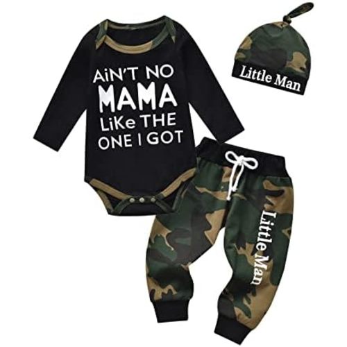 Newborn Baby Boy Clothes Long Sleeves Letter Print Romper Camouflage Long Pants Hat 3Pcs Outfits Set