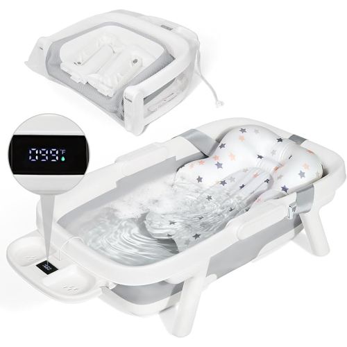 Orzbow Collapsible Baby Bathtub, Large Baby Bath Tub for Newborn with Soft Cushion & Thermometer, Travel Portable Baby Tubs for Infants to Toddler 0-36 Months, Gray