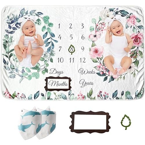 Twins Baby Milestone Blanket for Boys & Girls, Premium Flannel Photography Background Prop Blankets, Neutral Boho Floral…