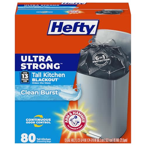 Hefty Ultra Strong 13 Gal Kitchen Trash Bags, Black, Clean Burst, 80ct | 13G Tall Trash Bags with Drawstrings for Kitchen, Resists Leaks, Punctures, Rips, Continuous Odor Control