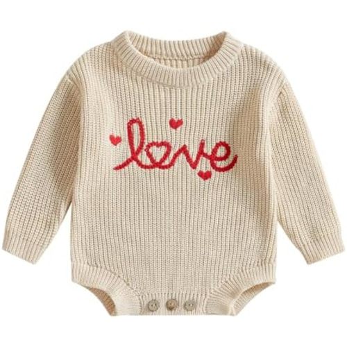 Lesimsam Newborn Baby Boy Girl Valentines Outfit Oversized Embroidery Long Sleeve Knit Sweater Bubble Romper Bodysuit