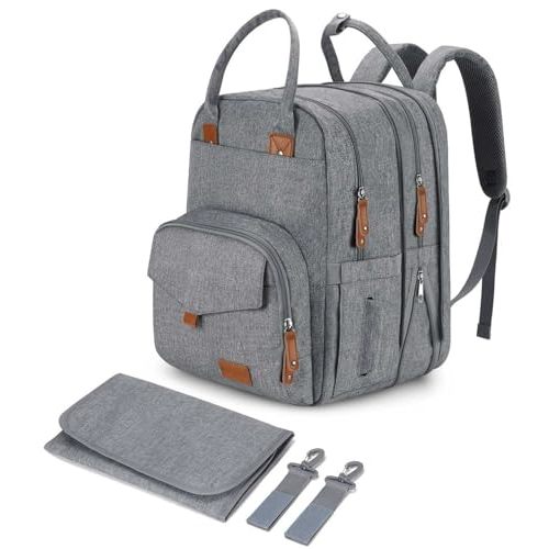 Extra Large Diaper Bag Backpack for Two Kids Twins - Expandable Baby Bag (26-36L), Dual Big Compartments - Includes Changing Pad & Stroller Straps, Unisex Grey