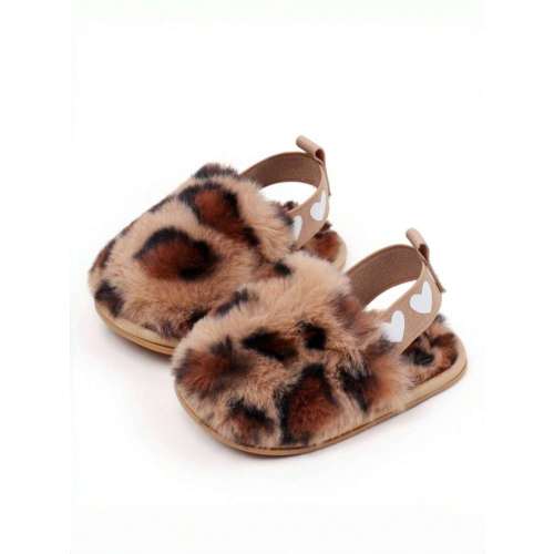 Yibubu Brwon Infant Shoes, Leopard Print Infant Girl Slippers, Warm And Comfortable Infant Girl Sandals, Non-Slip Rubber Sole Infant First Walker Toddler Girl Shoes, Newborn Indoor Slippers | SHEIN USA