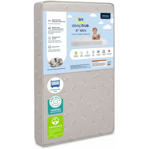 Delta Children Serta SleepTrue Mini Crib Mattress, Premium Sustainably Sourced Fiber Core, Hypoallergenic & Waterproof Cover, Greenguard Gold Certified - Made in USA, White