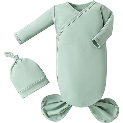 MVUOCR Newborn Knotted Baby Gowns, Soft Cotton Baby Sleeper Gowns, Newborn Sleepers Gown for Girls and Boys, Nightgowns Infant Coming Home from Hospital Outfit with Hat Set Green