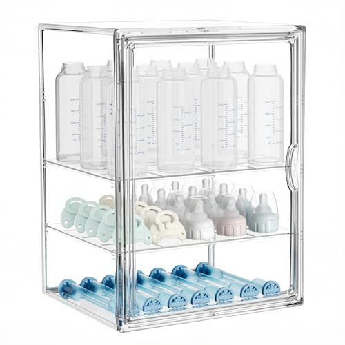HBlife Baby Bottle Storage Organizer for Countertop Cabinet, 3 Tiers Adjustable Clear Acrylic Bottles Storage Station Case Box Container with 2 Removable Dividers and Magnetic Door, X-Large
