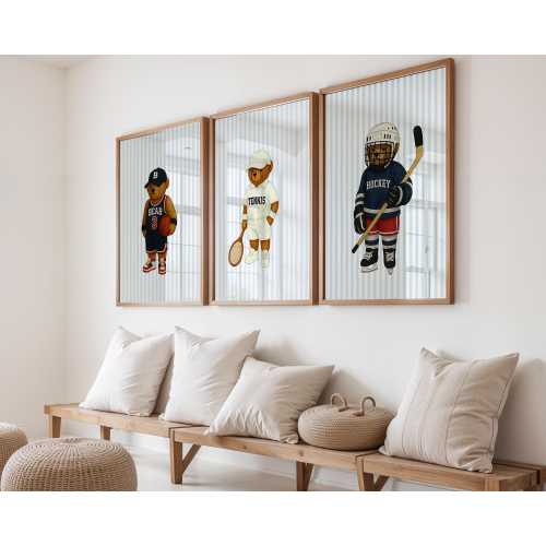 Sports Bear Prints, Set of 3 Wall Art, Trendy Art Prints, Tennis Wall Art, Hockey Art, Basketball Art, Nursery Animal Art, Digital Prints
