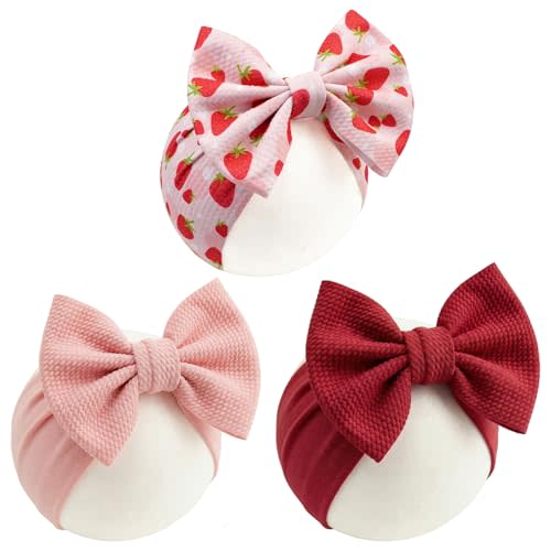 Qchengsan 3 Pack Baby Girl Headbands with Bows, Soft Stretchy Nylon Hair Accessories for Newborn Infant Toddler, Cute Strawberry Shortcake Baby Stuff, Red Pink Ribbon for Photos, Shower Gifts