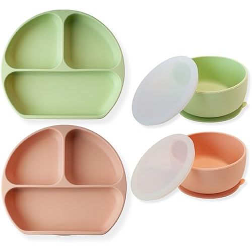 Silicone Suction Plate & Bowl Set, 4 Pack, 2 Plates, 2 Bowls, Silicone Baby Essentials Feeding Set, Baby/Toddler Tableware, Microwave, Dishwasher Safe, Divided Plate, BPA Free (Olive, Peach)