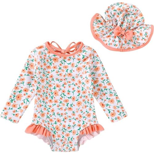 YOUNGER TREE Infant Baby Girls Swimsuit Long Sleeve Swimsuits One Piece Swimsuit Solid Color Bathing Suit with Hat, UPF 50+