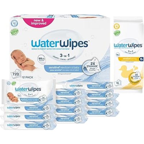 WaterWipes Bundle, Original 720 Count (12 packs) & XL Bathing Wipes 16 Count (1 pack), Plastic-Free, 99.9% Water Based Wipes, Unscented, Hypoallergenic for Sensitive Skin, Packaging May Vary