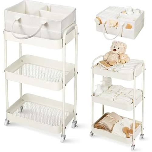 Amazon.com: Fortella Baby Diaper Caddy, 3 Tier Rolling Cart for Baby Essentials, Beige | Diaper Cart with Detachable Dividers, Nursery Storage & Bottle Organizer, Bedside Caddy for Bedroom and Living Room
