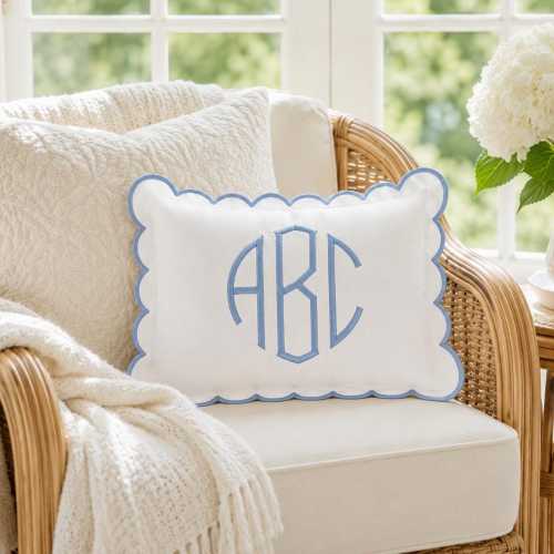 Personalized Scalloped Edge Lumbar Pillow Cover, Personalized Embroidered Throw Pillow, Bedroom Decor Pillow Cover, Monogram Pillow Cover