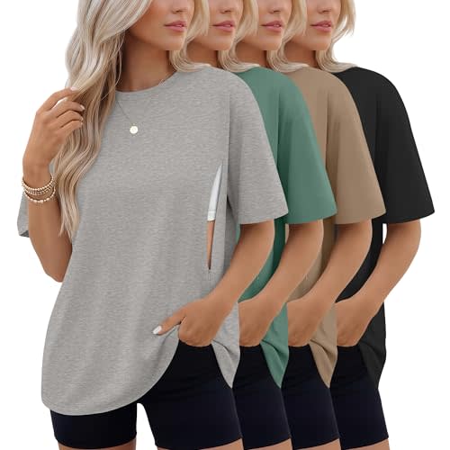 4 Pack Women's Oversized Nursing Breastfeeding Shirts with Hidden Zipper Maternity Short Sleeve Nursing Tees Tops