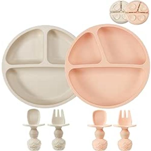 Amazon.com: PandaEar 2 Pack Silicone Divided Suction Plates with 2 Spoons 2 Forks for Babies & Toddlers | Baby Led Weaning Supplies Self Feeding Eating Utensils | BPA-Free Silicone Baby Feeding Set -Pink & Linen : Baby