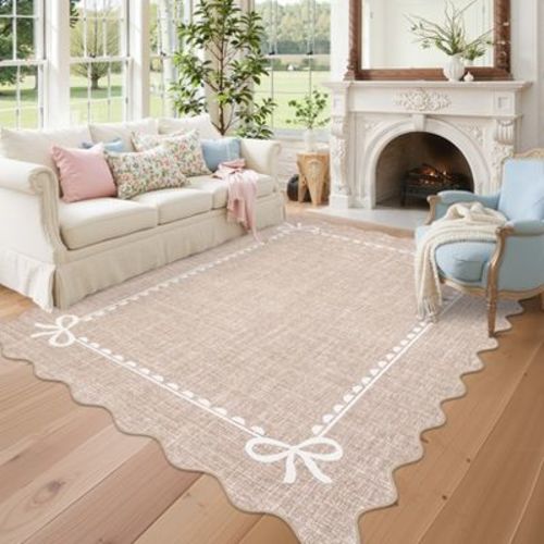 Garvee Scalloped Edge Rugs for Living Room, Bow Pattern Solid Rug, Washable Low Pile Non Slip Area Rug
