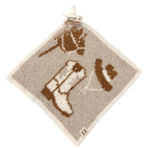 L+L USA Cowboy Hat, Horse, Boot Baby Lovey Pacifier/Teether Holder 10"x10" - DreamSoft Plush Fluffy Cuddly Soothie Reversible Mini Comfort Blanket Cute Newborn Gift Essential Boys Girls (Tan/White)