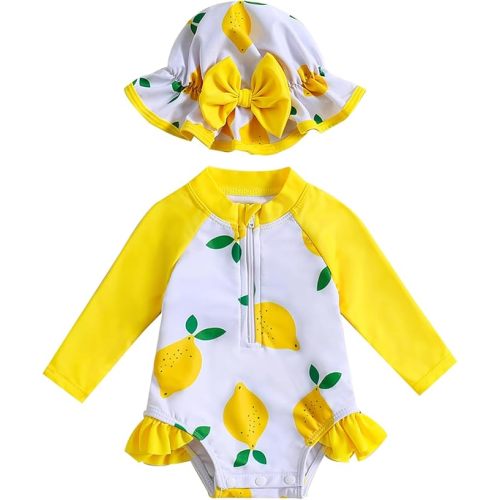 Baby Girls Swimsuit Long Sleeve Zipper Bathing Suit One Piece Swimwear with Hat