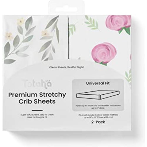 TotAha Premium Stretchy Crib Sheets (2-Pack)-Hypoallergenic, Silky Comfort, Buttery Soft, Calming Effect, All-Season Jersey-Knit Sheets, 9'' Extra Deep Pocket (Pink Buds & Green Leaves)