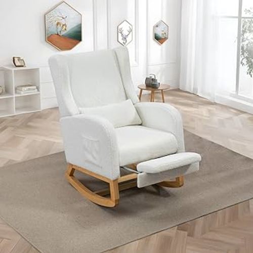 Modern Rocking Chair Nursery Glider, Comfy Rocker Nursery Chair with Foot Rest, Accent Reading Armchair with Pillow and Pocket, Upholstered Lounge Rocker with Solid Wood Base for Relaxing (Ivory)