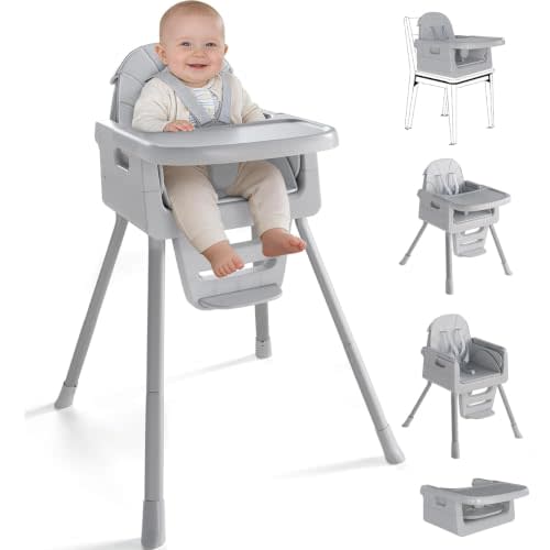 Baby High Chair for 6 Months+, Foldable High Chairs for Babies and Toddlers, Convertible High Chair, Adjustable Tray & Footrest, Portable High Chair & Easy to Clean(Gray)