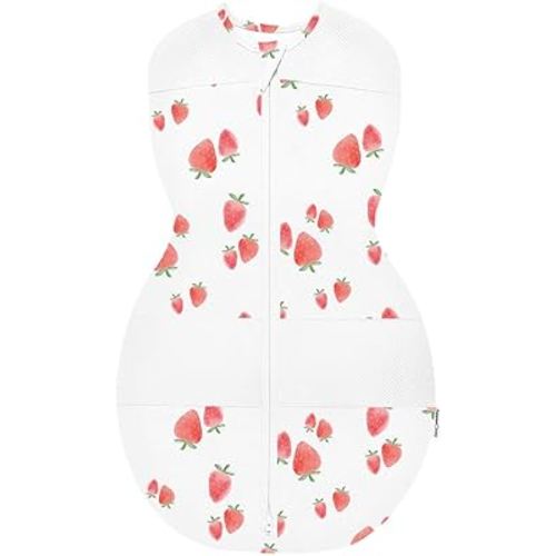 Happiest Baby Sleepea 5-Second Swaddle - 100% Organic Cotton Baby Swaddle Blanket - Doctor Designed Promotes Healthy Hip Development (Ivory Strawberries, Medium)