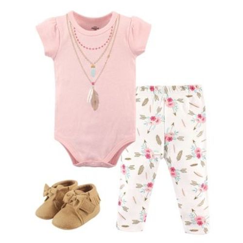 Little Treasure Baby Girl Cotton Bodysuit, Pant and Shoe 3pc Set, Boho, 0-3 Months