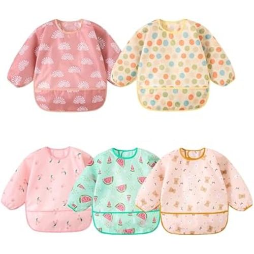 Long Sleeved Bibs,5 PCS Waterproof Wearable Bibs with Sleeves,Baby Feeding Smock 6-30 Months