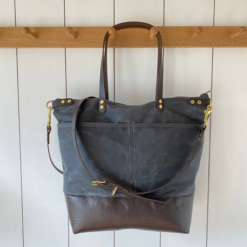 LEWIS brown leather and grey waxed canvas diaper nappy bag, large work / travel tote. Expertly handmade byHOLMgoods