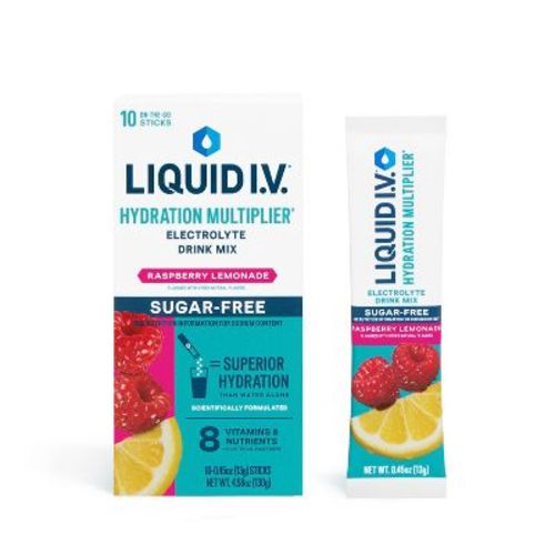 Liquid I.V. Sugar Free Hydration Powder Electrolyte Supplements: Non-Caffeinated Raspberry Lemonade Drink Mix, 10 Pack