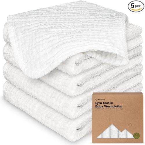 5-Pack Muslin Baby Washcloths for Newborn – 12x12" Soft Absorbent Organic Cotton Muslin Wash Cloths for Babies Girl, Boy, Infant, Toddlers, Kids Face Towel, Bath Essentials,Baby Burp Rags (Soft White)