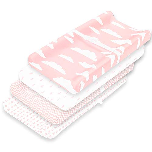 Premium Baby Changing Pad Covers 4 Pack – Girl – Pure Cotton Machine Washable Pink and White Changing Table Cover – Diaper Changing Pad Cover Sheets
