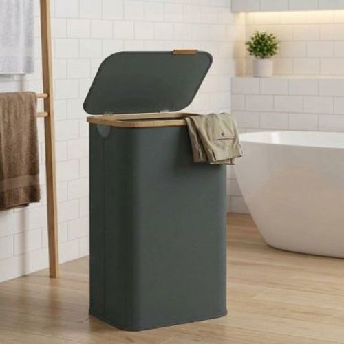 SONGMICS Laundry Hamper, Laundry Basket with Lid, Foldable Storage Basket, Bamboo Frame, Oxford Fabric, 26.4 Gal. (100 L), Slate Gray