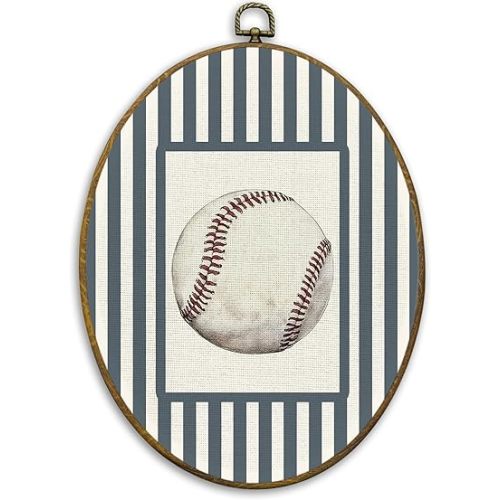 CUANFDDSF Vintage Baseball Oval Wall Art Decor, Sports Nursery Wall Hanging Decor, Navy Striped Classic Baseball Framed Canvas Prints for Kids Boy Nursery Room Bedroom Gym Sport Room, 8.6x11.4 Inch