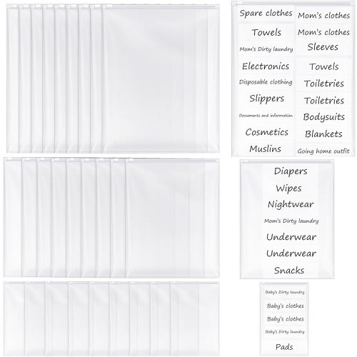 Honoson 30 Pcs Hospital Bags for Labor and Delivery with Stickers Resealable Hospital Essentials Organizing Pouches Frosted Zipper Plastic Mommy Maternity Bag for Newborn First Time Baby Shower