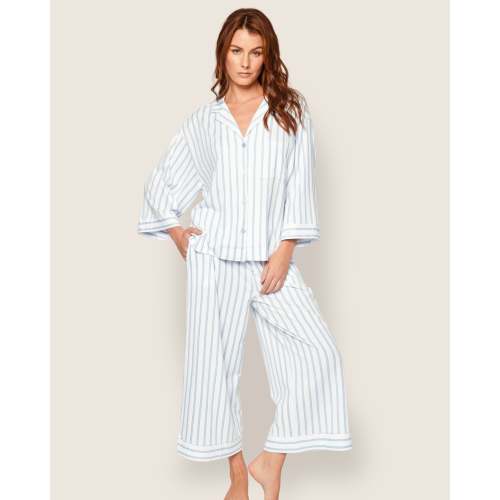 The Olivia Wide Leg Pima Pajama Set in Periwinkle Stripe