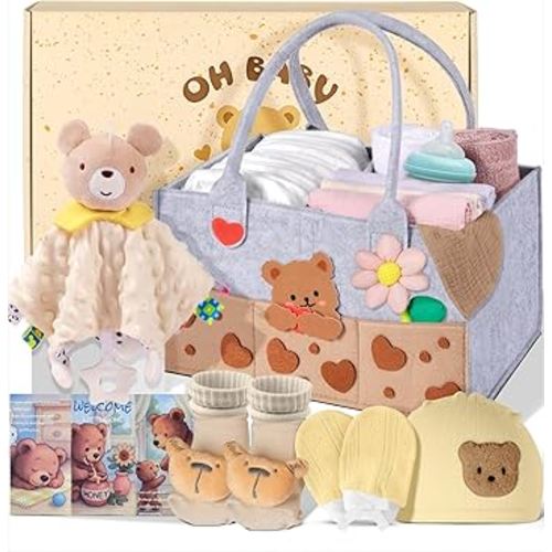 Coralogo Baby Shower Gift Basket - Baby Gift Set with Diaper Caddy, Gifts for New Mom, Gender Reveal Gifts, New Born Essential Include Security Blanket Hat Bib Socks Mittens, Boy & Girl