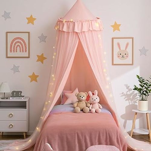 Bed Canopy with Star Lights, Double Layer Bed Canopy for Girls, Princess Canopy Bed Curtain for Twin Bed, Breathable Kids Dreamy Play Tent Room Castle Reading Nook, Machine Washable, 26''x125'' - Pink