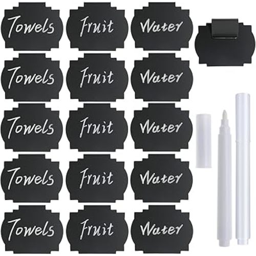 Plastic Basket Bin Label Clip Food Storage Bins with Labels on Removable Basket Label Kitchen Pantry Basket Label Clip with White Chalk Markers for Storage Bin Basket Box Hanging Bin (16)