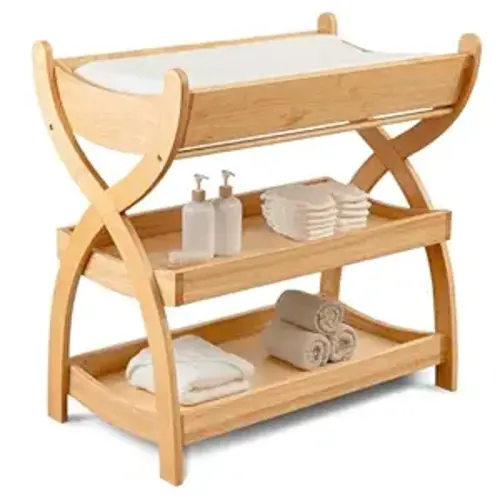 Comfy Cubs Baby Changing Table - Sturdy Wood Construction, Timeless Look Baby Change Table with Two Open Shelves for Infant Daycare Essentials Storage - Natural Wood