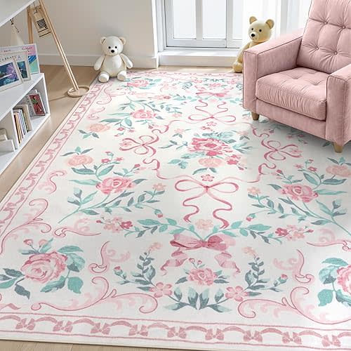 Collive 6x9 Pink Floral and Bow Washable Rug for Girls Bedroom, Living Room