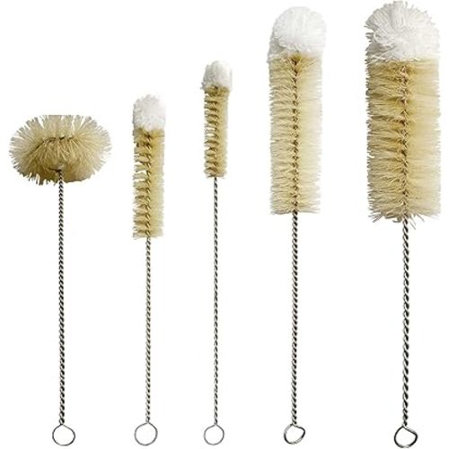 NewFerU Stainless Steel Soda Bottle Cleaning Brush Set in Natural Boar Bristle Wool Tip Long Handle, Flexible Bendable Thick Wire Cleaner for Narrow Neck Water Baby Bottles Straw Pipe Tube Flask (5)
