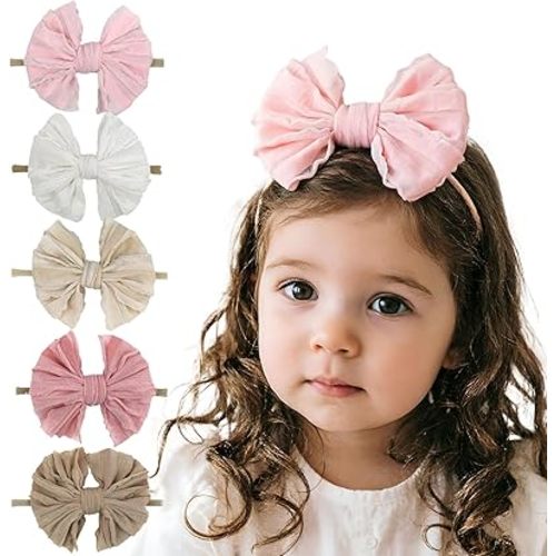 5PCS Baby Girl Bow Headbands Soft Stretchy Nylon Hair Bows for Newborn Infant Toddler Cute Solid Color Bowknot Headwear for Party Photo Props Gifts(Mixed, Elastic)