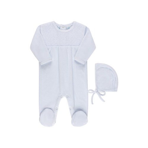 Smocked Yoke Cotton Blend Velour Footie & Hat Set