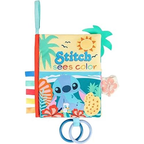 Kids Preferred Disney Baby Lilo & Stitch Sees Color Soft Book, On-The-Go Sensory Books for Babies with Crinkle Pages, Ribbons, Rings, Stroller Hook