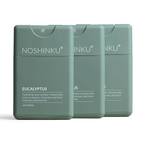 Noshinku - Refillable Hand Sanitizer Eucalyptus 3-Pack, Travel Size Spray with Hydrating Botanical Oils, Natural Ingredients, All Natural Fragrances, Sugarcane Derived Alcohol, No Parabens, No Dyes