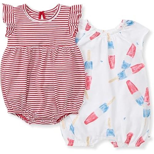 Burt's Bees Baby Romper, 100% Organic Cotton One-piece Bubble Shortall and Layette Set Girl Outfit, 2-Pack